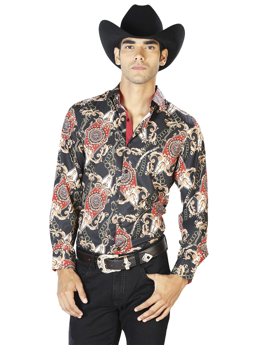 Camisa casual de manga larga negra y dorada 43543