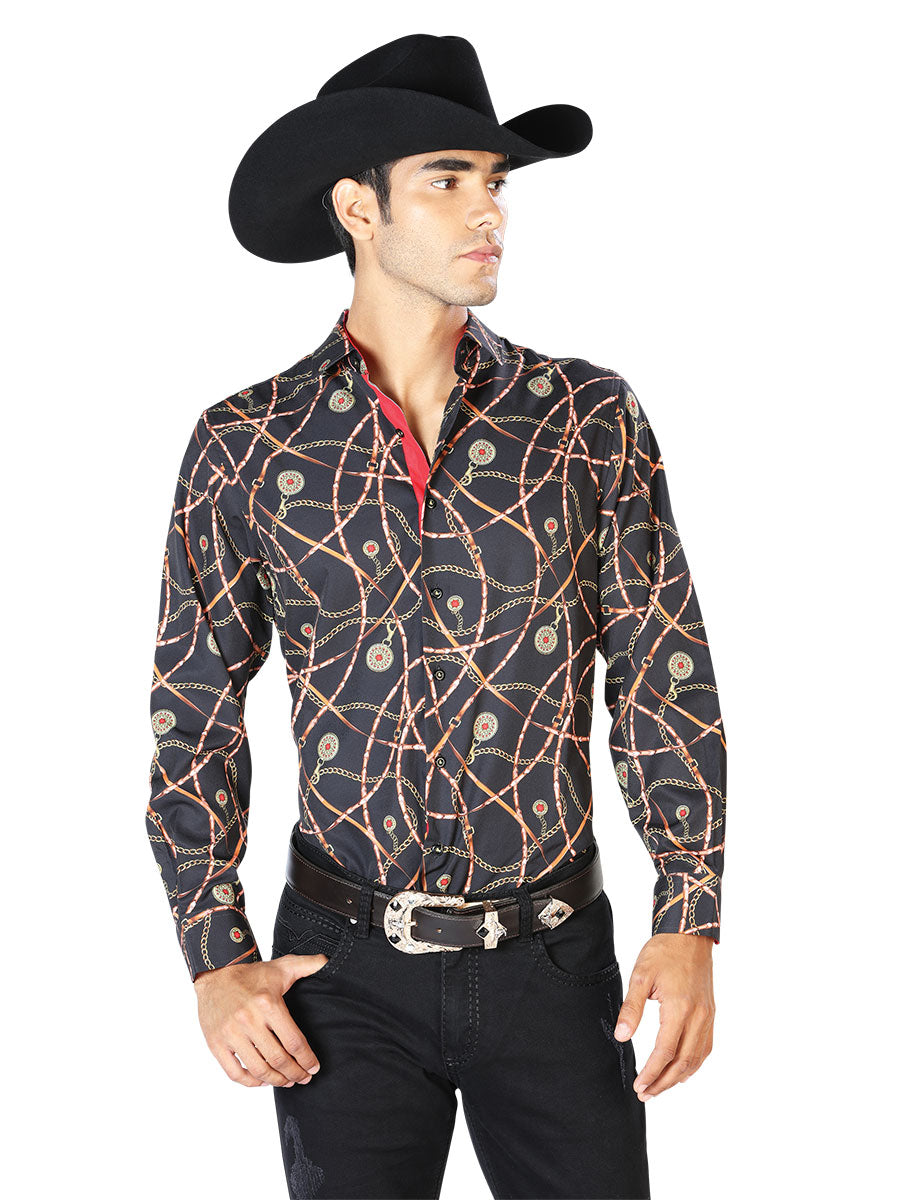 Camisa casual de manga larga negra y dorada 43547