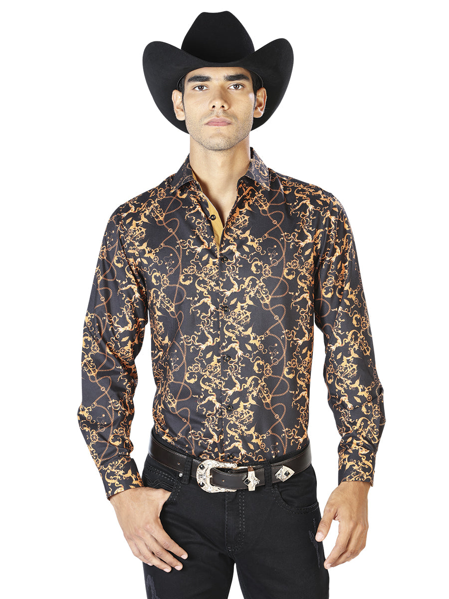 Camisa casual de manga larga negra y dorada 43561