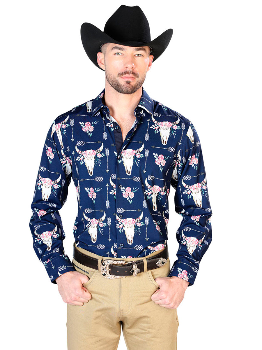 Camisa casual de manga larga azul marino 43694
