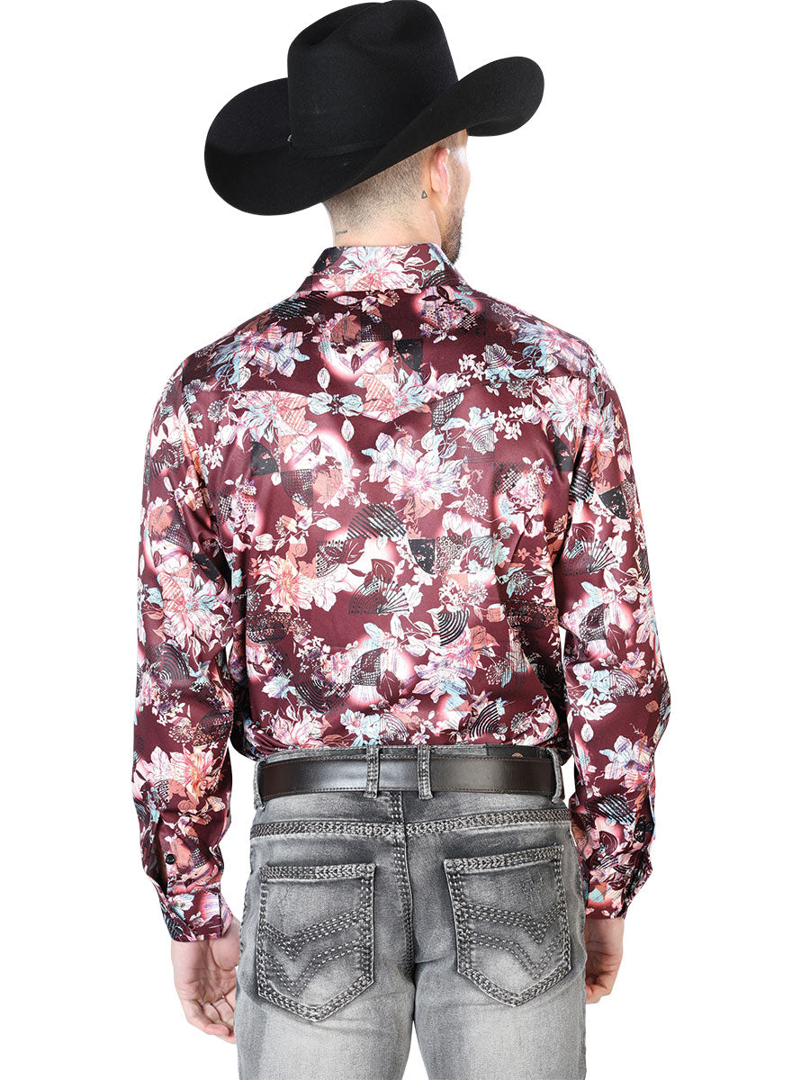 Camisa informal de manga larga con estampado floral en color vino y beige 43936