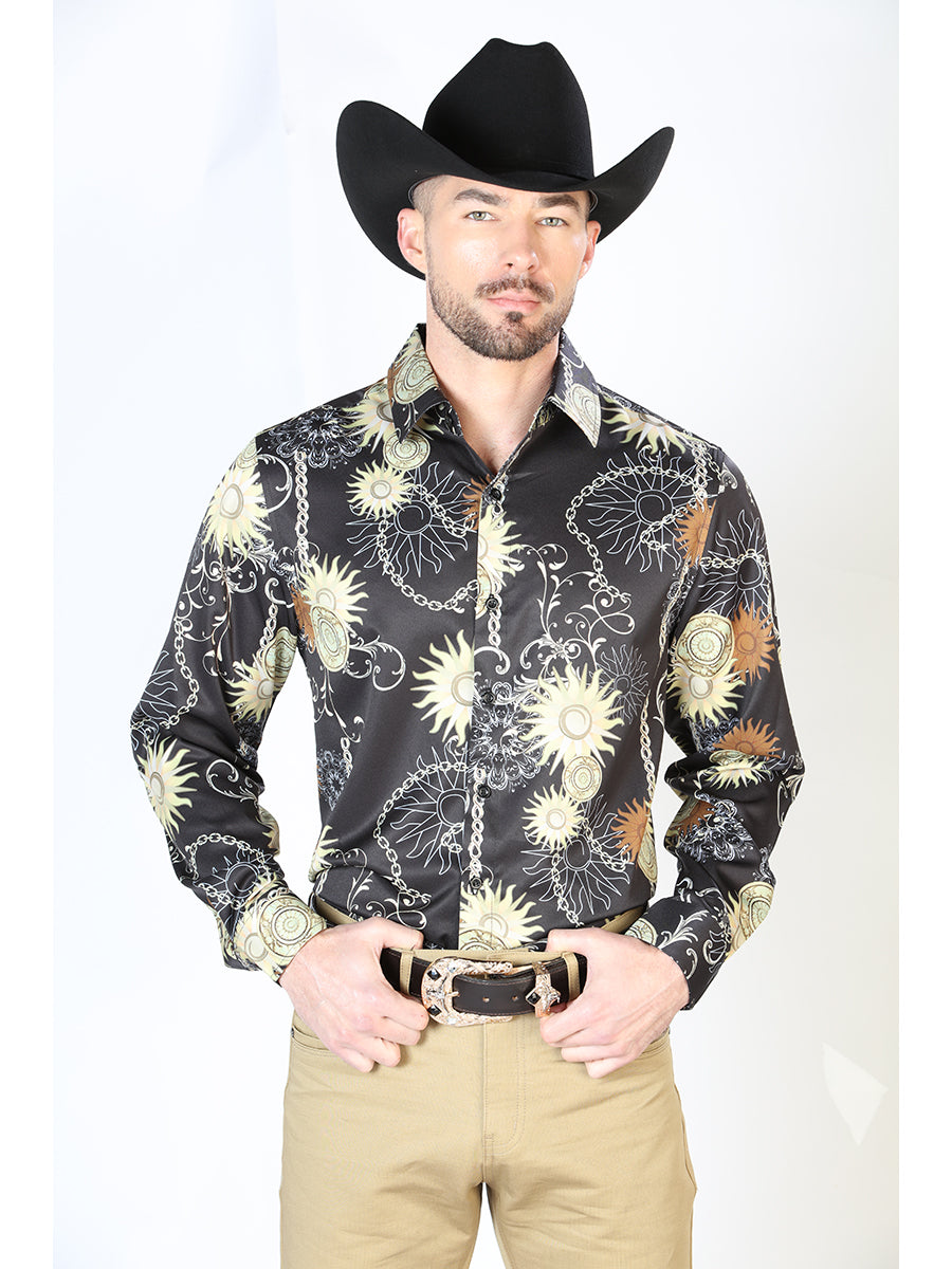 Camisa casual de manga larga negra y dorada 43992