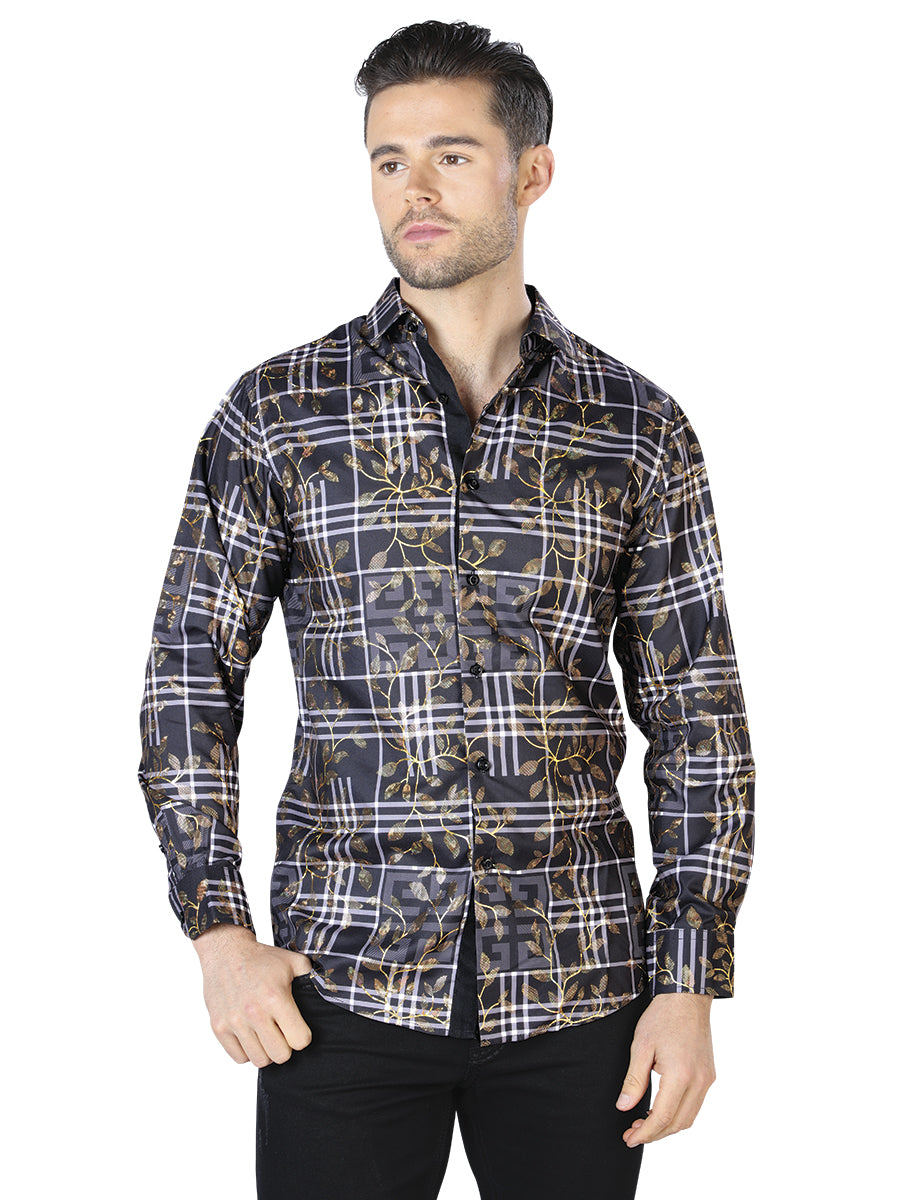 Camisa casual de manga larga negra y dorada 44019