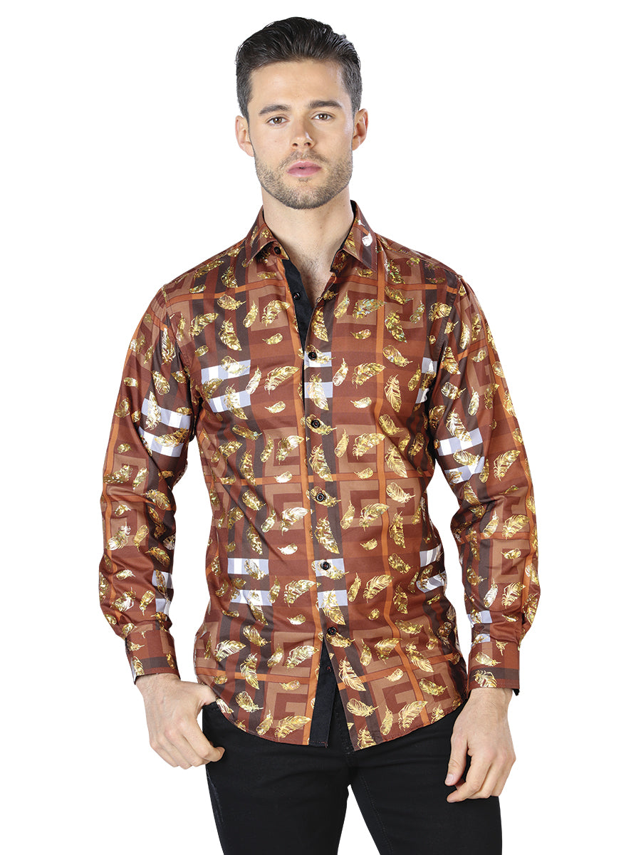 Camisa informal de manga larga marrón y dorada 44024