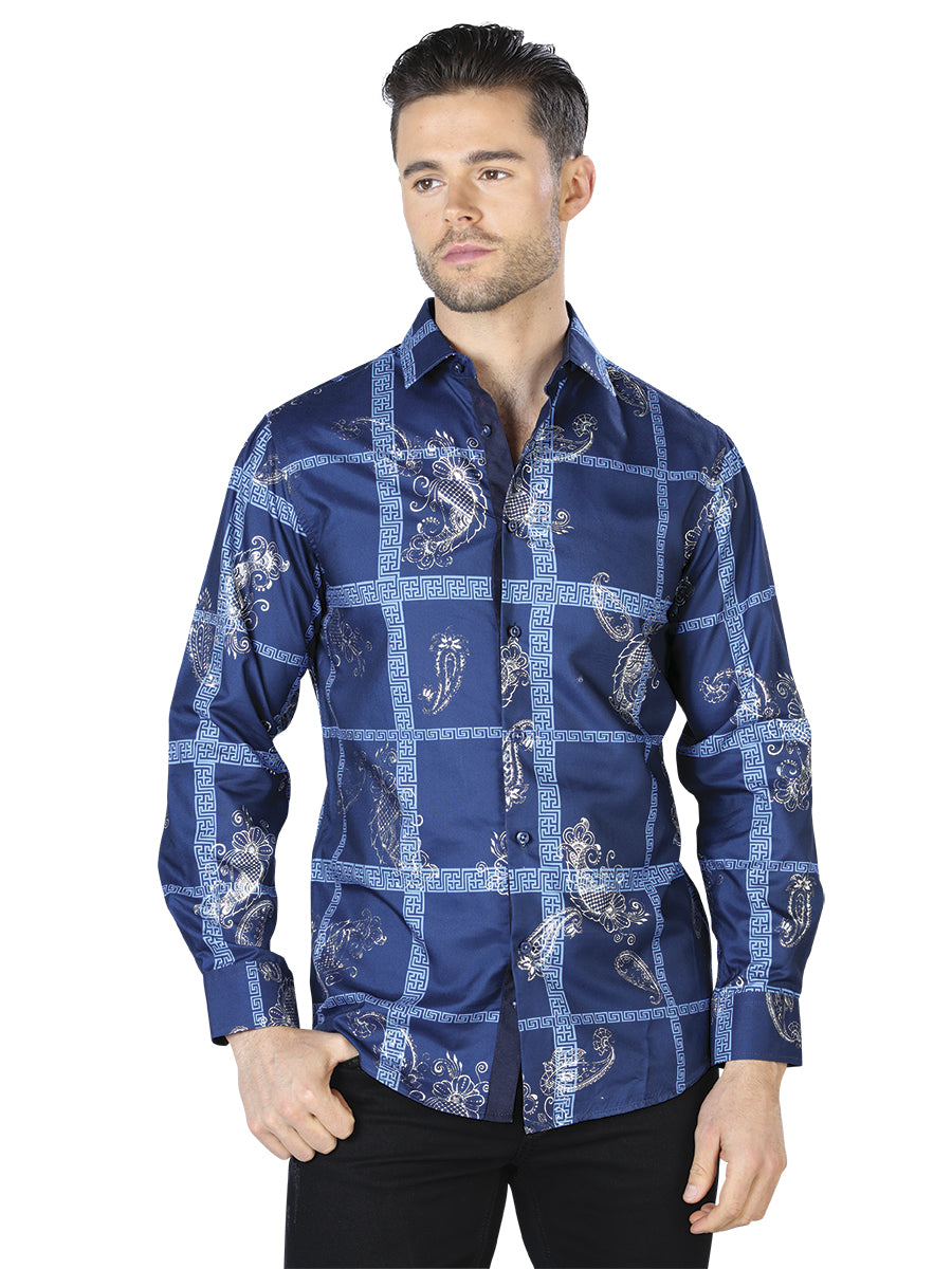 Camisa informal de manga larga azul marino y plateada 44026
