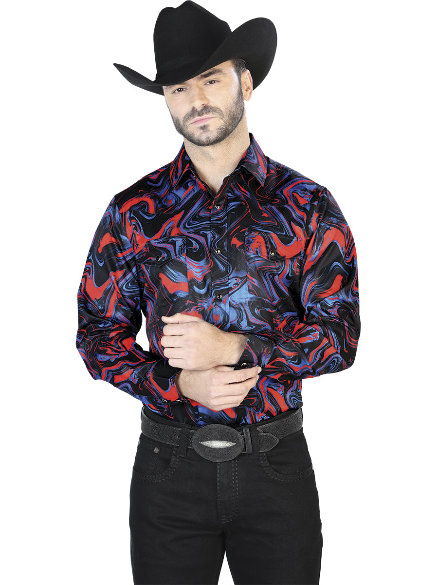 Camisa casual de manga larga azul y roja 44080