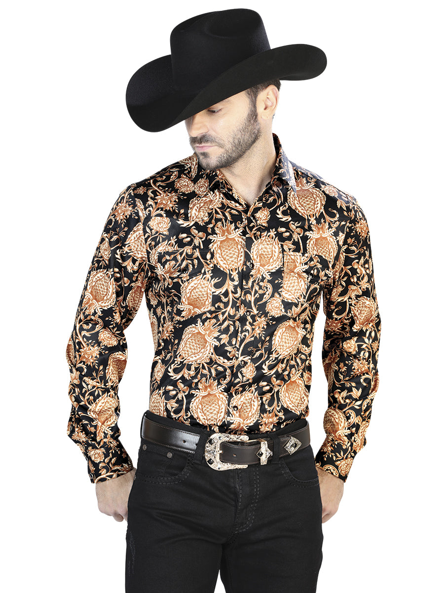 Camisa casual de manga larga dorada y negra 44092