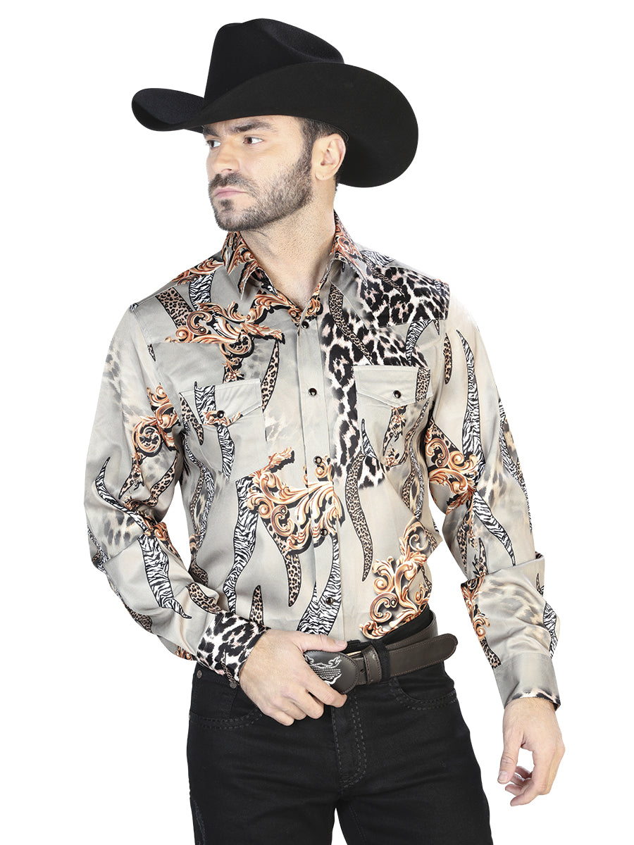 Camisa informal de manga larga color topo 44102
