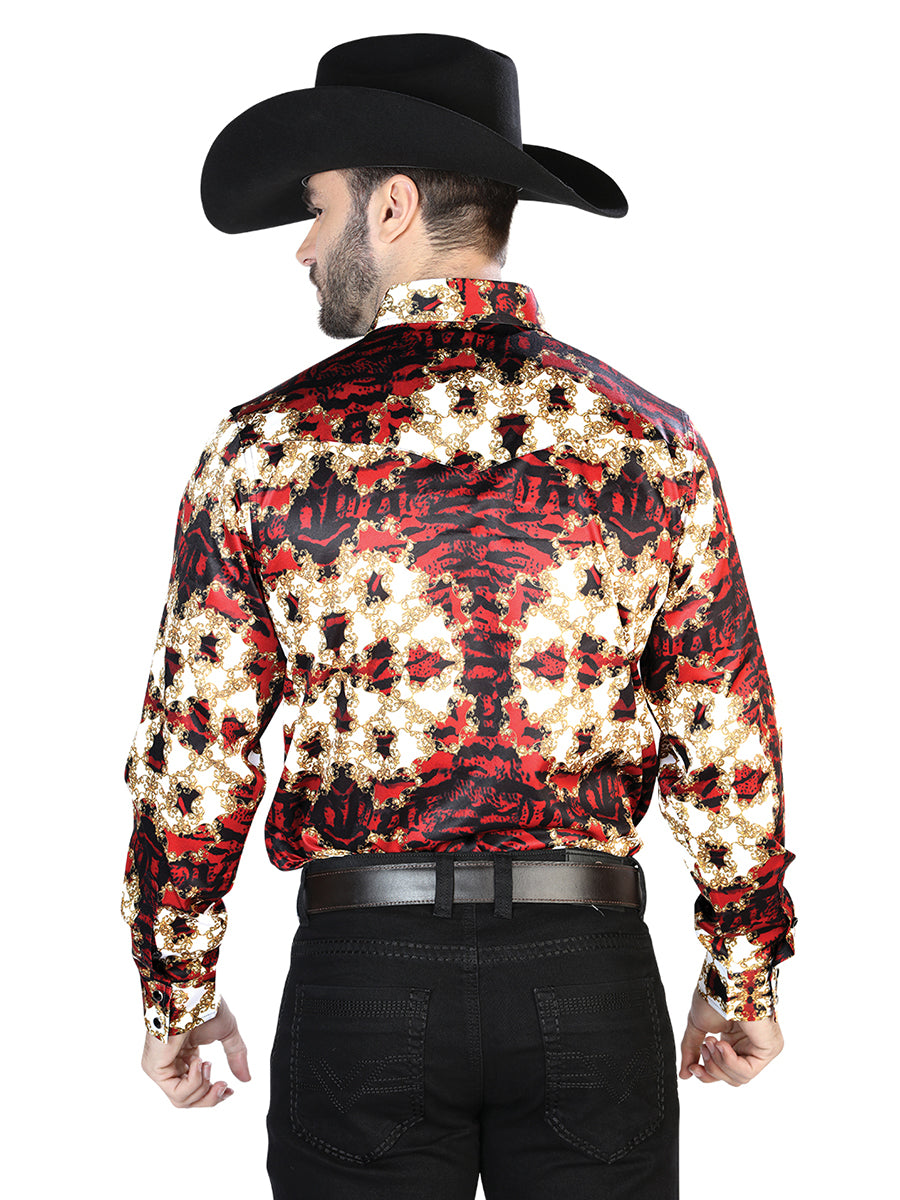 Camisa informal de manga larga burdeos y dorada 44103