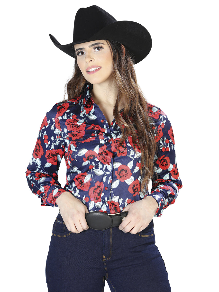 Camisa de manga larga con estampado de rosas azules 44112