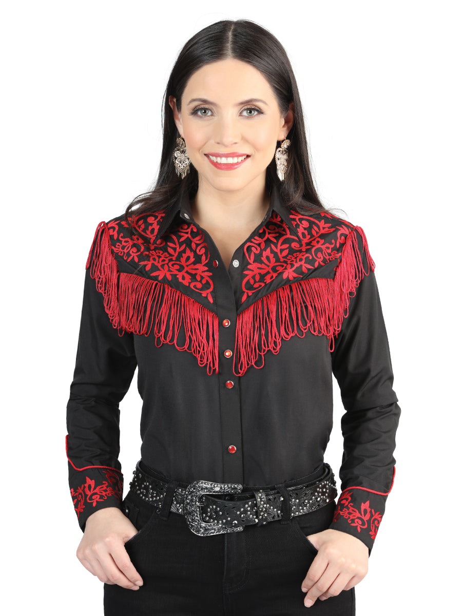 Blusa estilo western con flecos negros bordados para mujer 44181