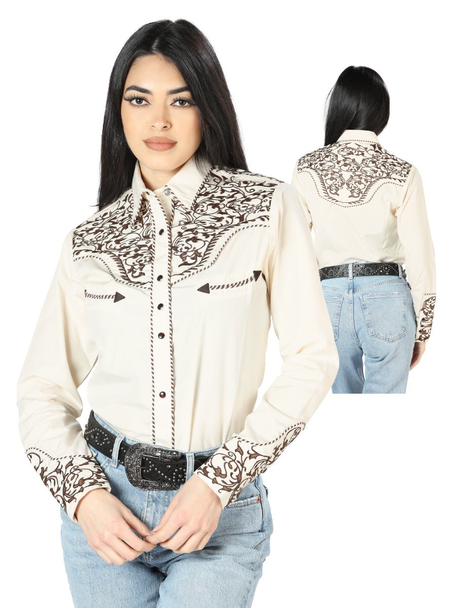 Blusa estilo occidental bordada en beige para mujer 44191