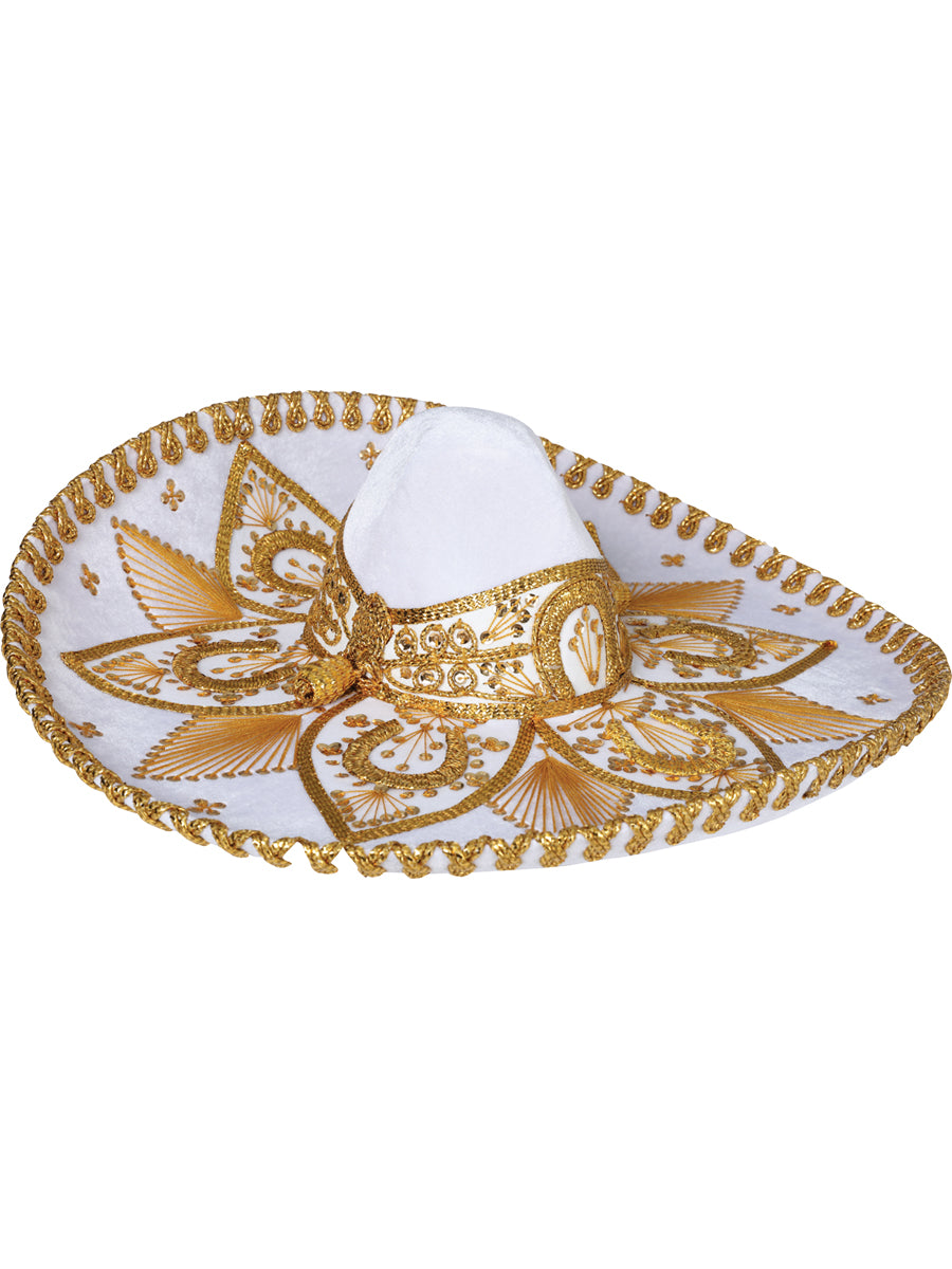 Sombrero Charro Mexicano para Adulto Terciopelo Blanco/Dorado 600758