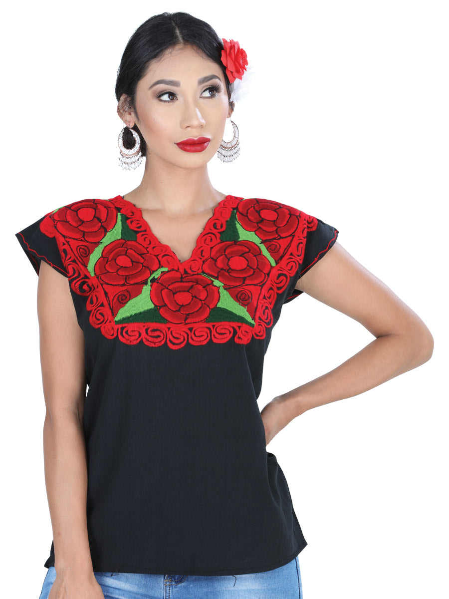 Blusa Bordada Artesanal 100% Algodón Negro/Rojo 601409