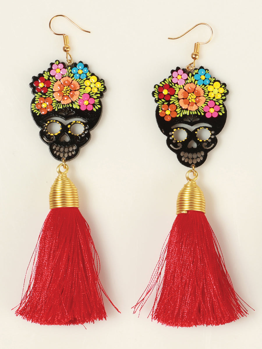 Pendientes Artesanales Pintados a Mano Hilo de Madera y Seda Rojo 602941