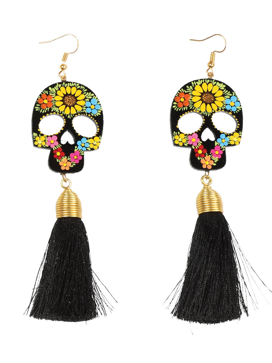 Pendientes artesanales pintados a mano en hilo de madera y seda negro 602947