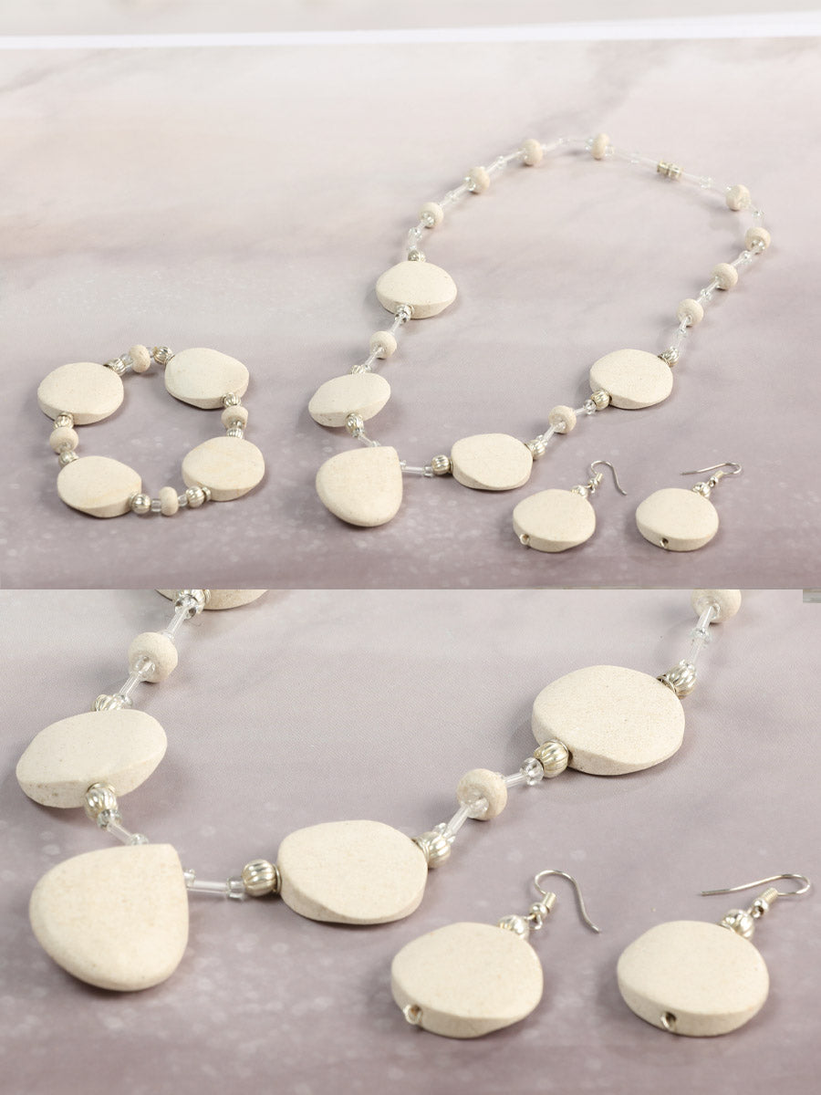 Conjunto Artesanal de Pendientes, Collar y Pulsera de Piedra Ónix Beige 603139