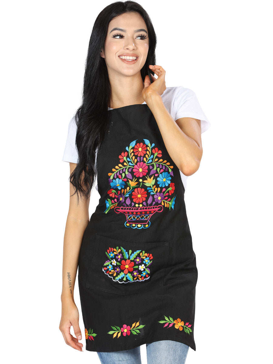 Delantal bordado artesanal mexicano 100% algodón negro 603156