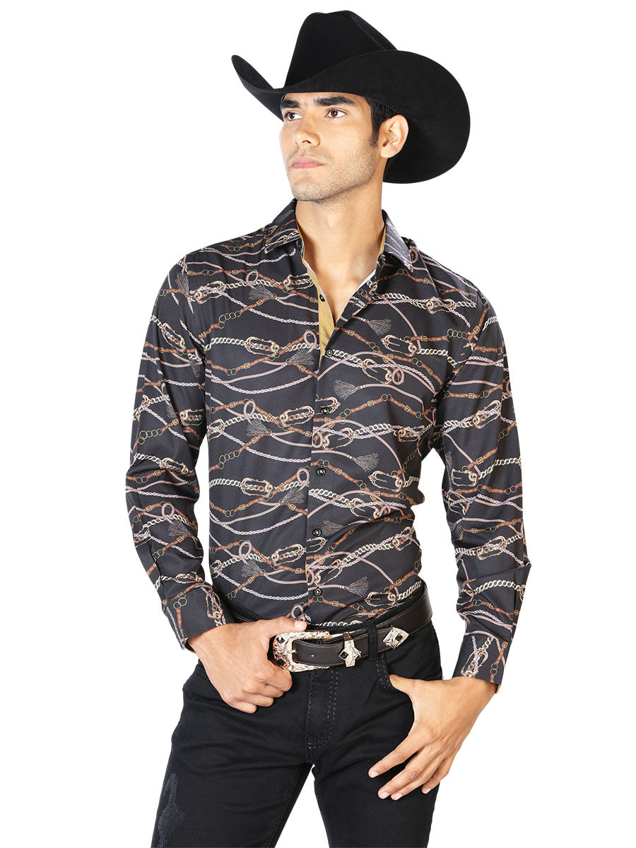 Camisa casual de manga larga negra y dorada 43545