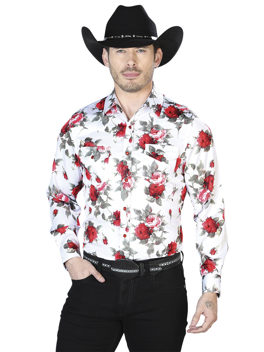 Camisa informal de manga larga con rosas blancas 43935