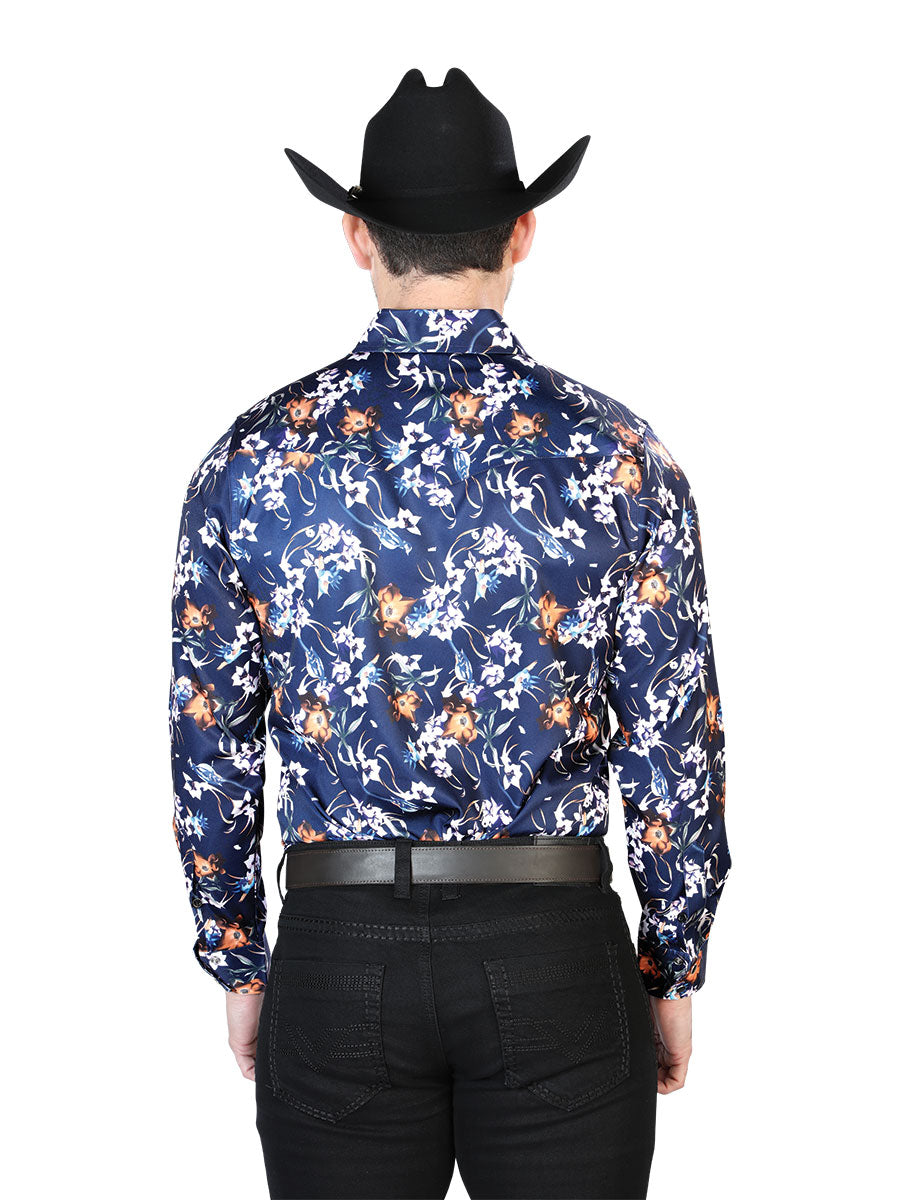 Camisa casual de manga larga con flores azules 43957