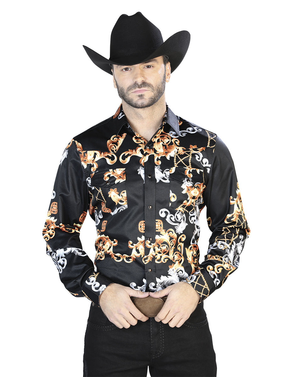Camisa casual de manga larga negra y dorada 44085