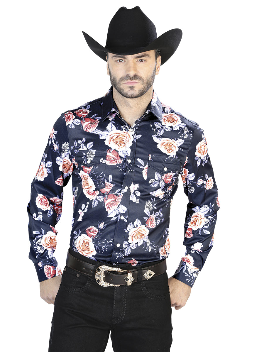 Camisa informal de manga larga azul marino/rosas 44089