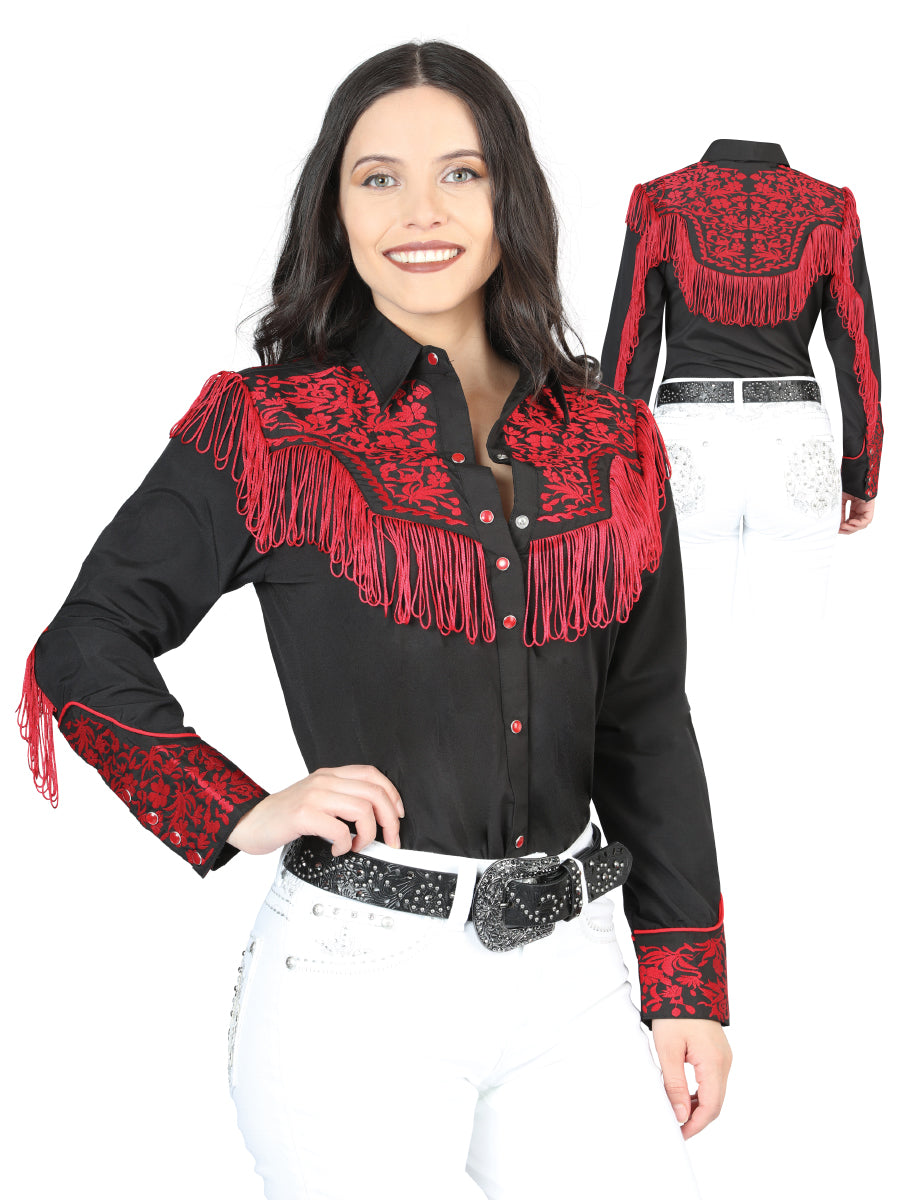 Blusa estilo western con flecos negros bordados para mujer 44178