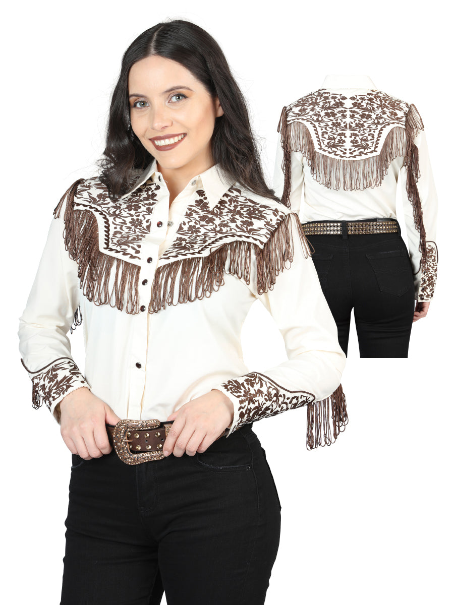 Blusa estilo western con flecos bordados en beige para mujer 44180