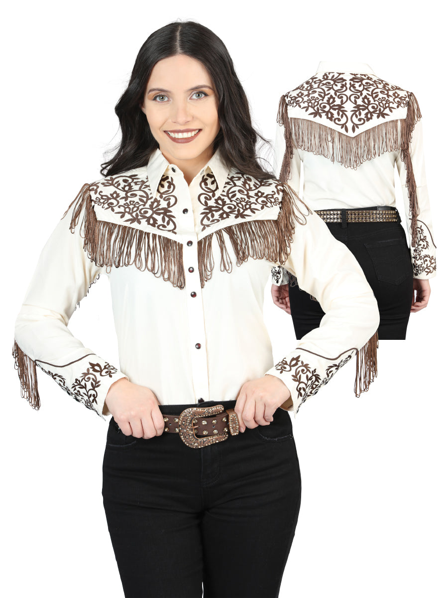 Blusa estilo western con flecos bordados en beige para mujer 44183