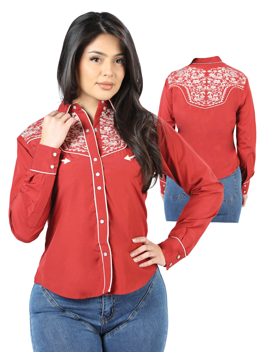 Blusa estilo western bordada en burdeos para mujer 44184