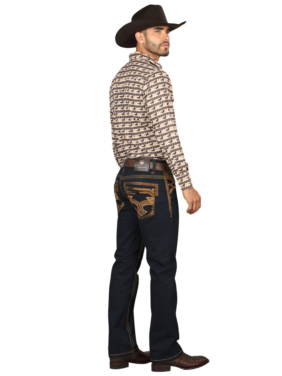 Pantalón vaquero Centenario para hombre, color azul claro, con detalles bordados en dorado 45313