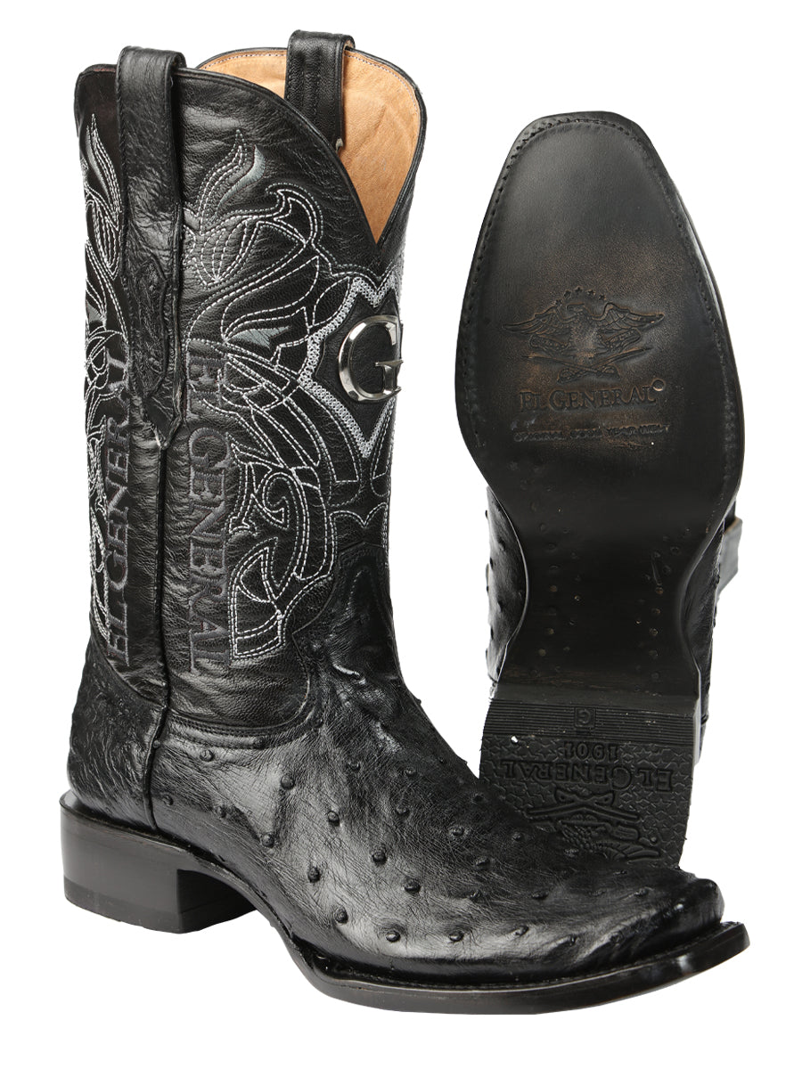 El General Men's Exotic Ostrich Leather Cowboy Boots - Black  45515