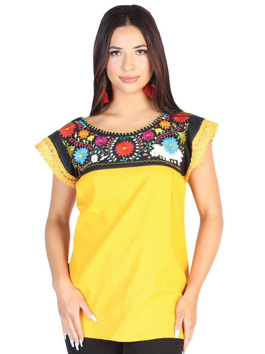 Artisanal Embroidered Blouse 50% Cotton 50% Polyester Yellow  602479