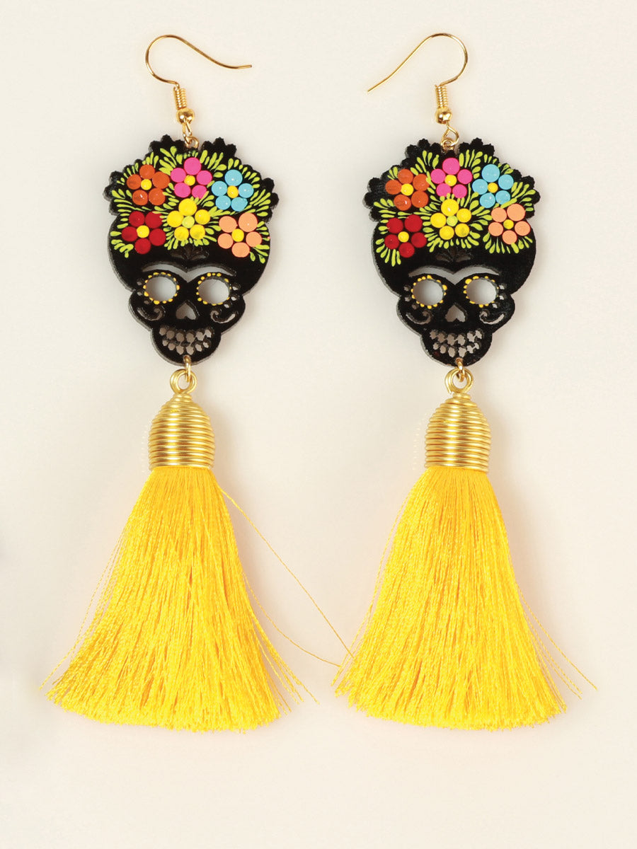 Pendientes artesanales pintados a mano en hilo de madera y seda amarillo 602942