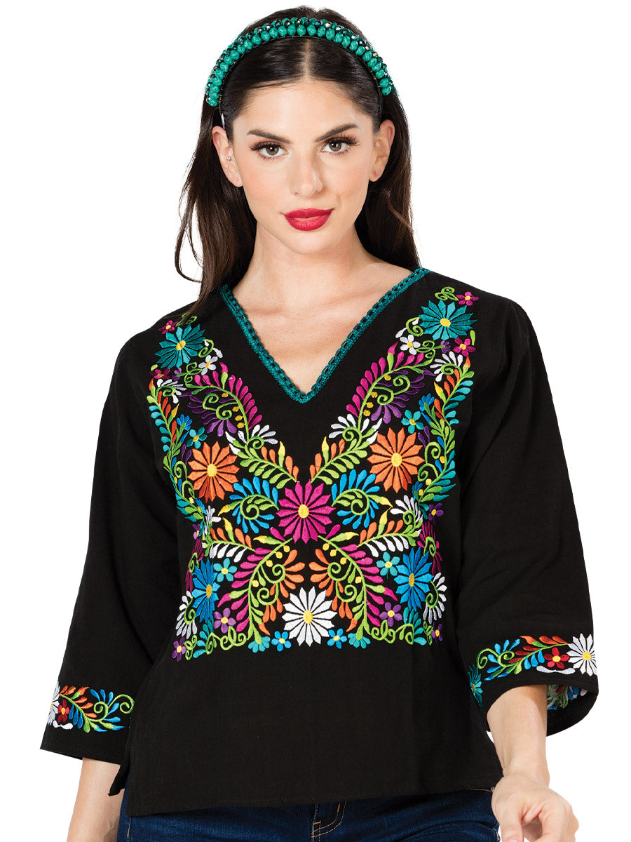Blusa Bordada Artesanal 100% Algodón Negra 603054