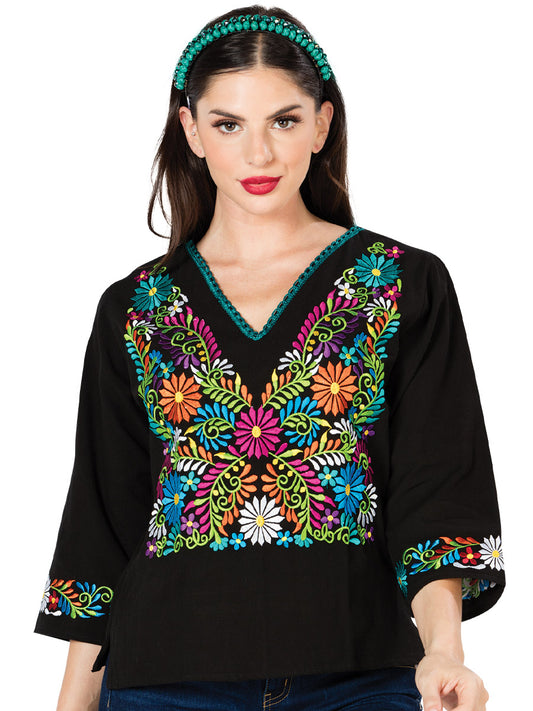 Blusa Bordada Artesanal 100% Algodón Negra 603054