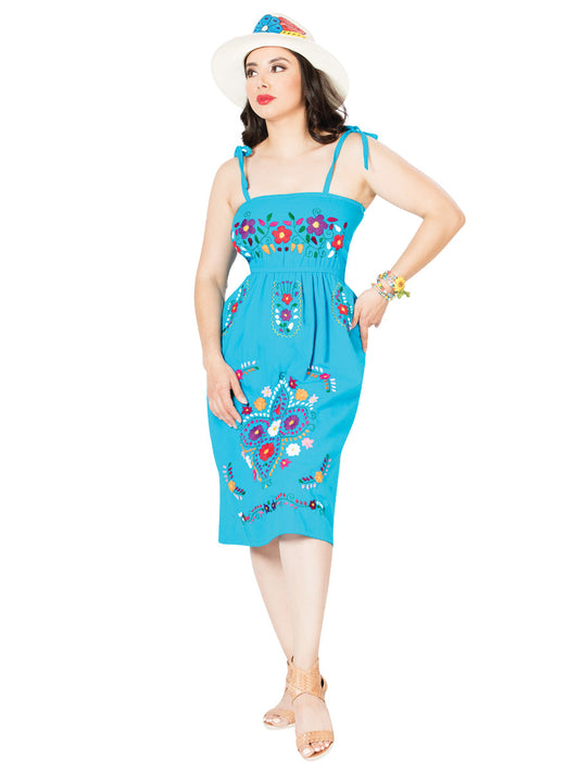 Artisanal Embroidered Dress 100% Cotton Blue 603076