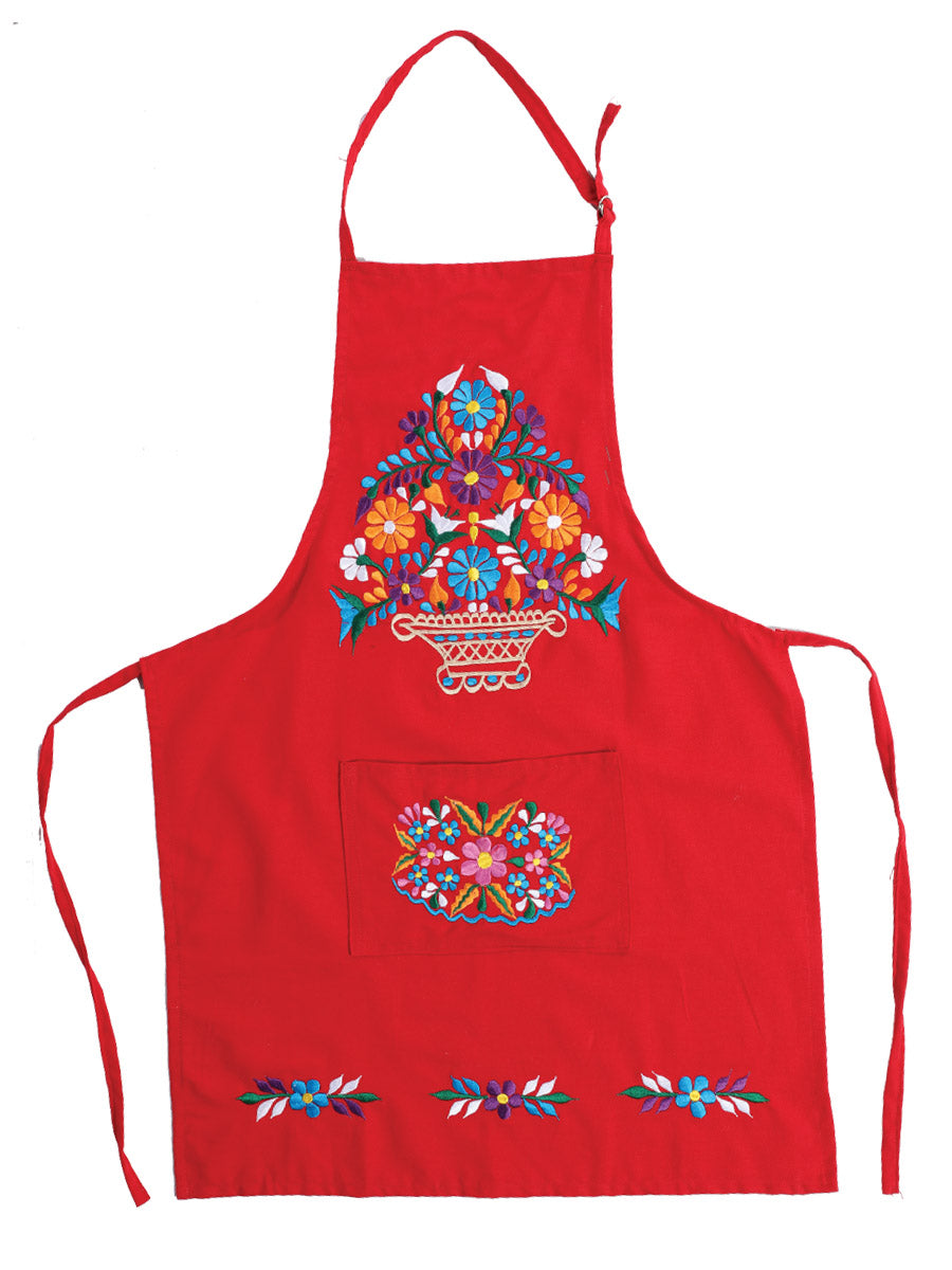 Delantal Bordado Artesanal Mexicano 100% Algodón Rojo 603157