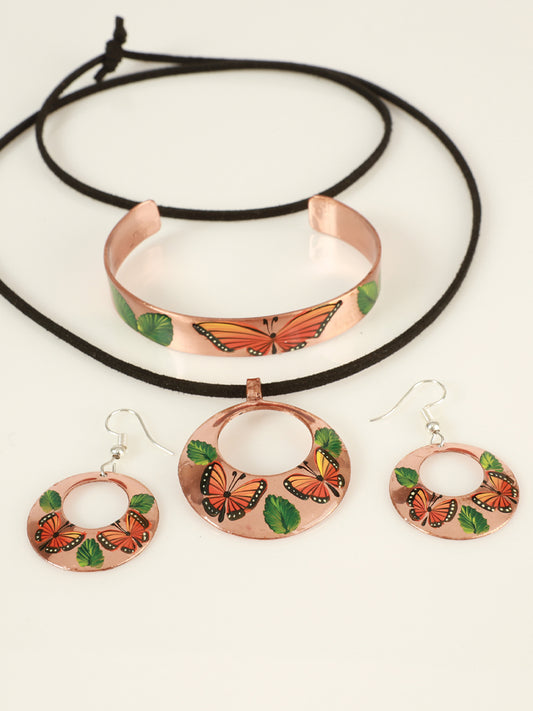 Artisanal Hand Painted Set Earrings-Necklace-Bracelet Copper  603402