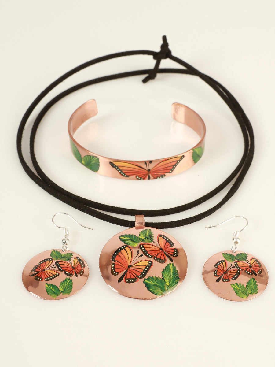 Artisanal Hand Painted Set Earrings-Necklace-Bracelet Copper  603403