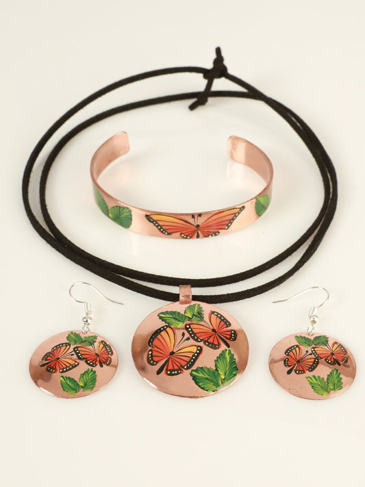 Artisanal Hand Painted Set Earrings-Necklace-Bracelet Copper  603403