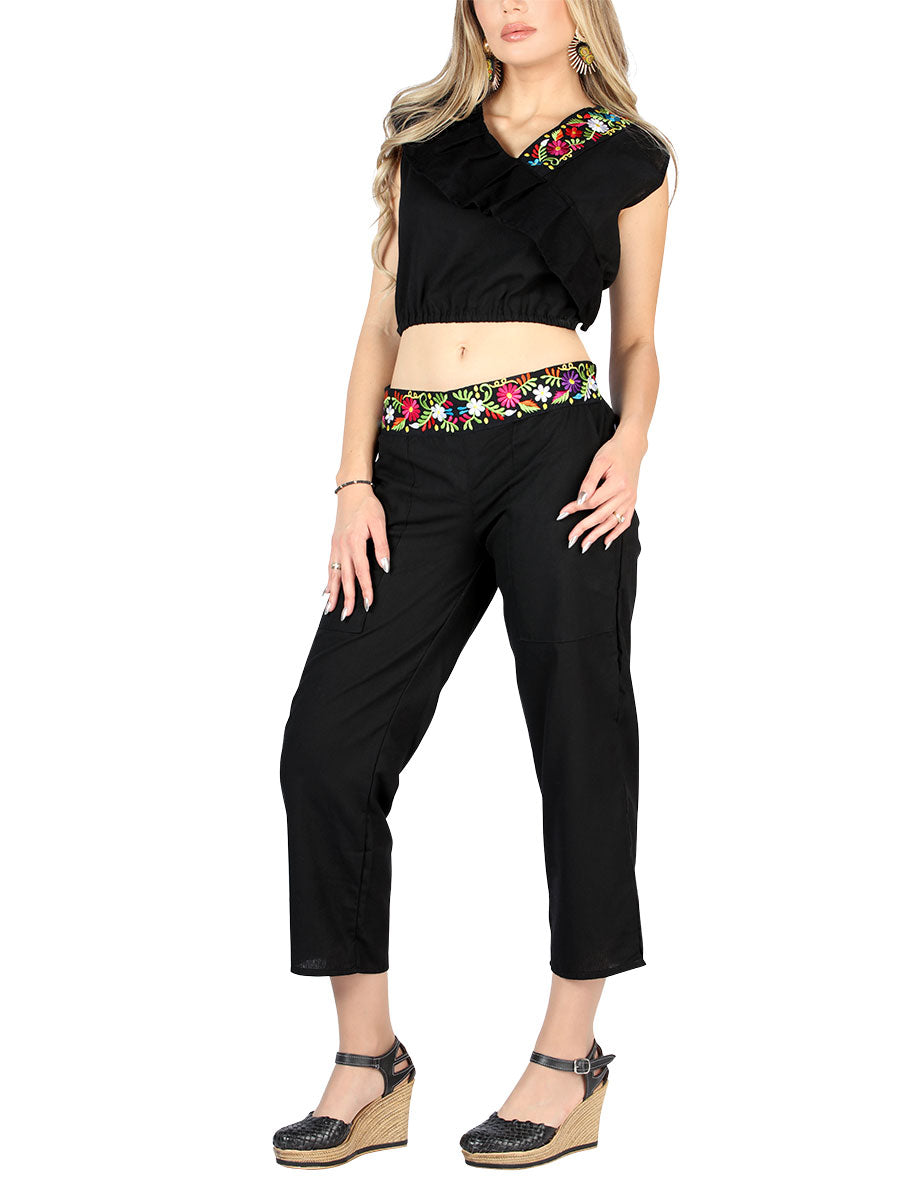 Conjunto Bordado Artesanal 100% Algodón Negro 604048