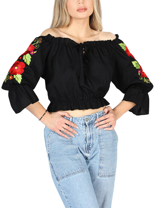 Blusa Bordada Artesanal 100% Algodón Negra 604050